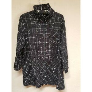 Erin Paige Geometric Button Front Mock Neck Shirt Jacket Large Black 3/4 Sleeve